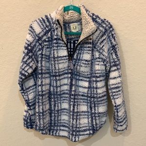 FUOA Blue and White Sherpa Quarter Zip Pullover, Women’s Size L